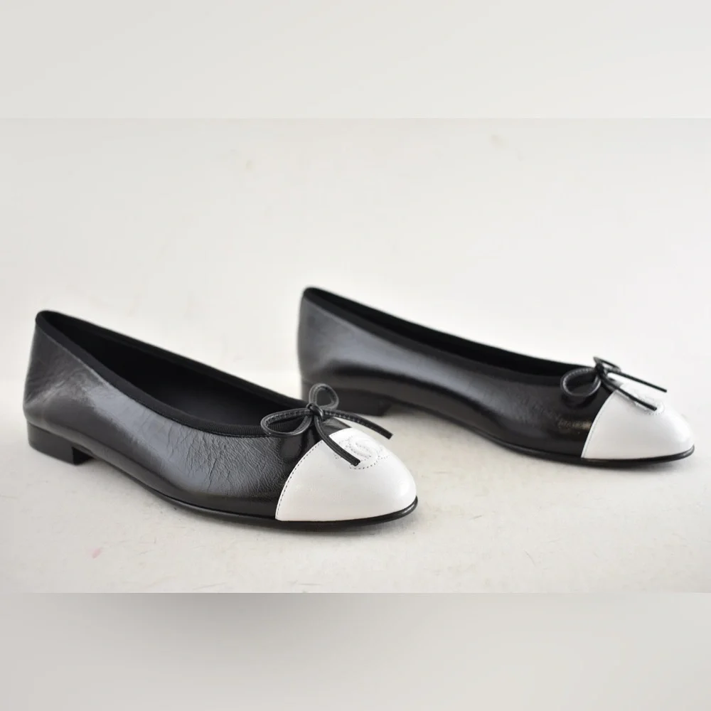 Chanel 26S Black White Crumpled Shiny Lambskin CC Bow Ballet Ballerina Flat 39 - Picture 4 of 16
